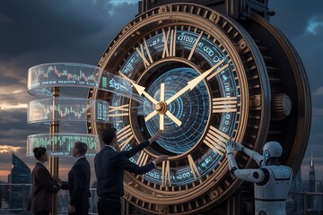 Obraz premium Business team and robot analyzing financial market data on a giant clock