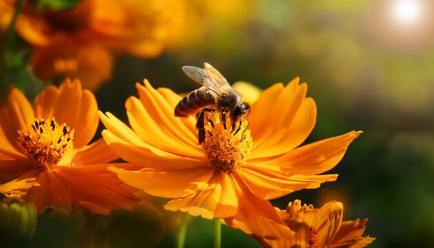 bright bee pollinating colorful orange flowers in natural sunlight