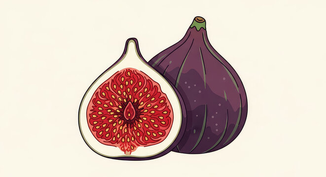 Whole and halved fresh purple fig fruit illustration on a light background