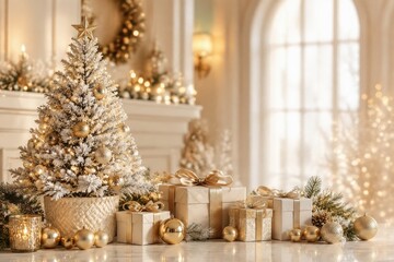 Obraz premium Elegant snowy Christmas tree with gold gifts in a festive interior