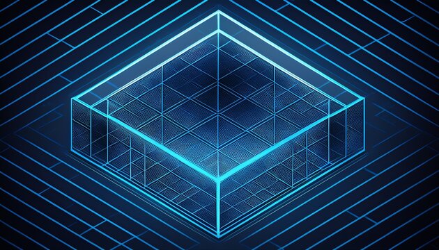 isometric cube grid with blue outlines and gradient shading in modern abstract background