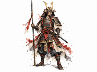 Fototapeta premium Dramatic samurai-inspired warrior in detailed historical armor with traditional weapons, red and black watercolor accents, isolated on white with copy space.