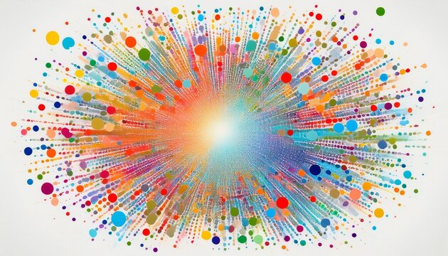 colorful scattered dots of various sizes forming a radial pattern on a white background
