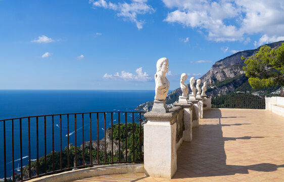 Terrace of Infinity, a beautiful belvedere with marble busts inside the iconic Villa Cimbrone, historic villa in Ravello, on the Amalfi Coast