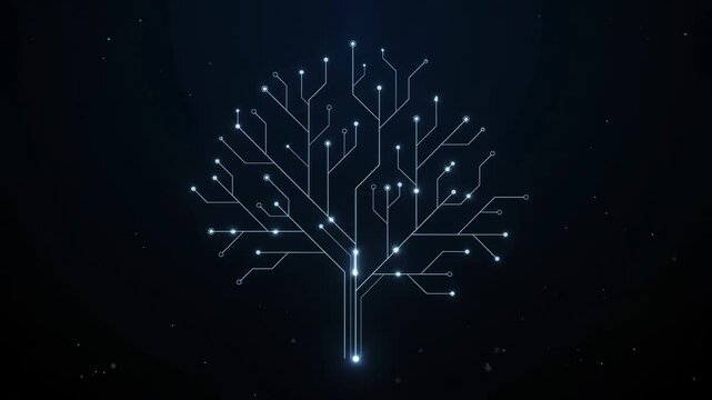 Futuristic Digital Circuit Tree Animation with Glowing Nodes and Branching Technology Network on Dark Blue Background