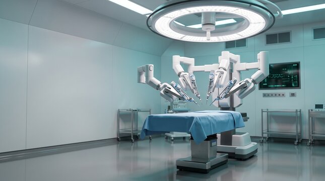 Robotic surgical system with multi-jointed arms in sterile operating room, digital surgery concept