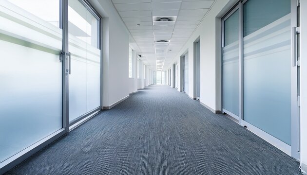 long white corridor with windows and doors in office building