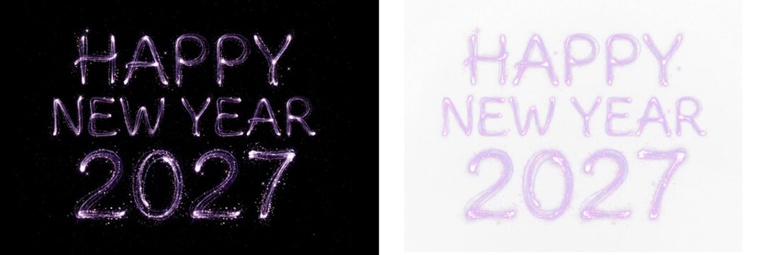 Happy new year 2027 greeting card with glowing purple sparkler text on black and white isolated on transparent background
