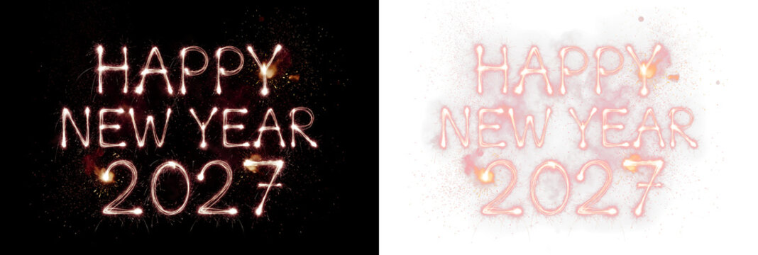 Happy new year 2027 text written with glowing sparklers on black and transparent background