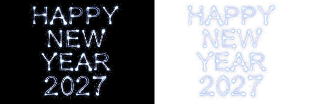 Happy new year 2027 text written with glowing sparklers isolated on transparent background