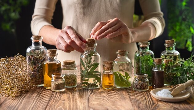 hands preparing herbal mixtures in glass bottles with natural ingredients