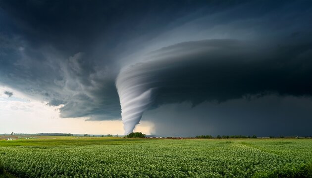 powerful tornado forming over green agricultural field under stormy sky
