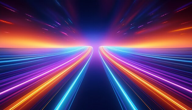 abstract beautiful background with neon light lines curved tunnel of time and space digital futuristic wallpaper blue purple orange gradient backdrop
