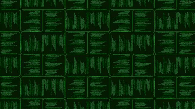 Front View Green Matrix Code Blocks Screen Pattern Loop Background in 4K