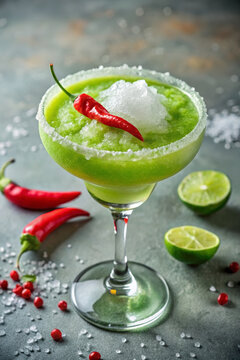 Vibrant frozen margarita with chili garnish in glass, salt rim. Refreshing frozen margarita with chili garnish has lime, ice. Perfect frozen margarita with chili garnish for menus.