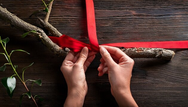 hands tying red ribbon on dark wooden branch