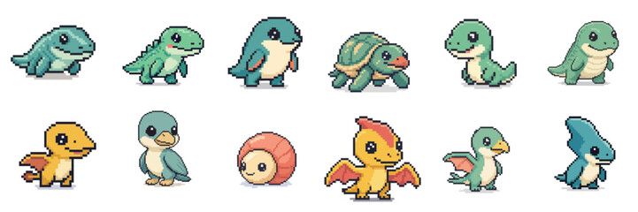 Set of cute pixel art dinosaurs and prehistoric creatures © Vectoryu