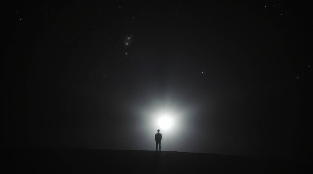 Silhouette of Man Standing Under Bright Cosmic Light in Starry Night Sky
