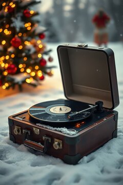 Vintage Suitcase Turntable Playing Vinyl in Snow by Christmas Tree Lights