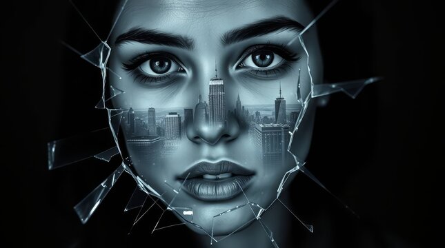 Surreal Shattered Glass Reflection Portrait of Woman with Cityscape Skyline