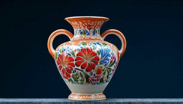 beautiful antique ceramic vase with colorful floral design on simple background
