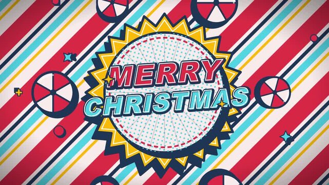 Vintage pop art merry christmas greeting card background with retro comic book style explosion and colorful diagonal stripes pattern