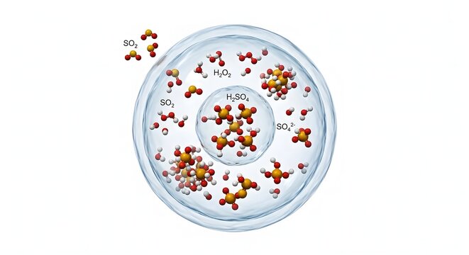 3D Scientific Render of Acid Rain Formation: Sulfuric Compounds and Molecules Inside a Water Droplet