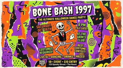 Fototapeta premium Vintage halloween poster for bone bash 1997 featuring a skeleton in a suit with a spooky colorful grunge background