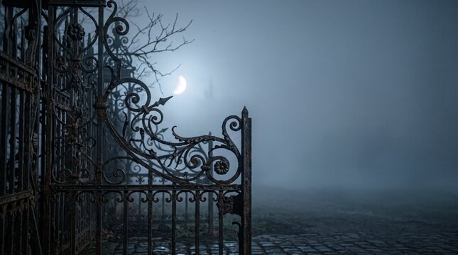 ornate old wrought iron gate silhouetted against a misty blue night sky with a hazy moon and bare twisted branches for a dark gothic halloween scene with copy space