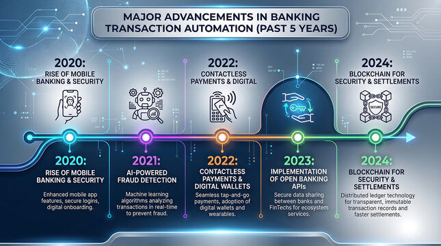 Infographic timeline showing major advancements in banking transaction automation from 2020 to 2024, featuring icons for mobile banking, ai fraud detection, contactless payments, open banking