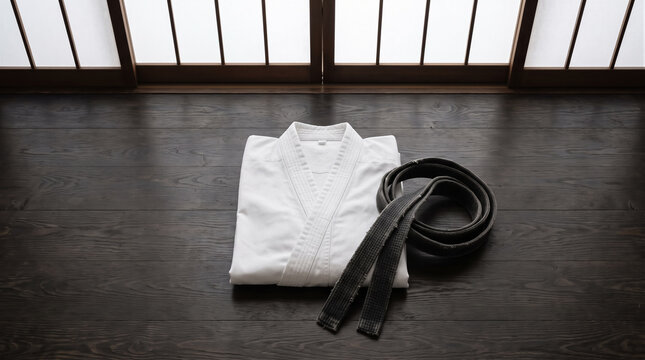 Folded white martial arts uniform and black belt lying on dark wooden floor near shoji screen windows. Martial arts training, meditation, zen lifestyle, dojo equipment.