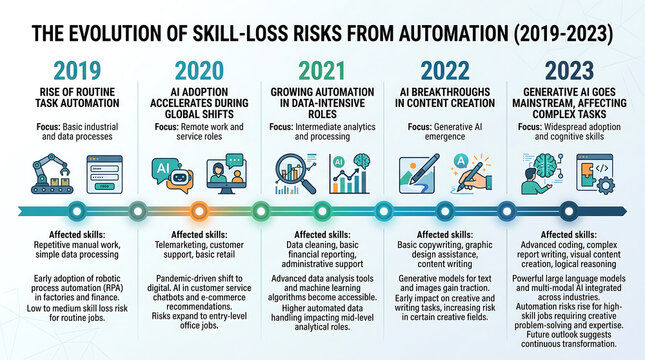 Infographic timeline showing the evolution of skill-loss risks from automation between 2019 and 2023, featuring yearly milestones, icons, and text descriptions of affected job skills