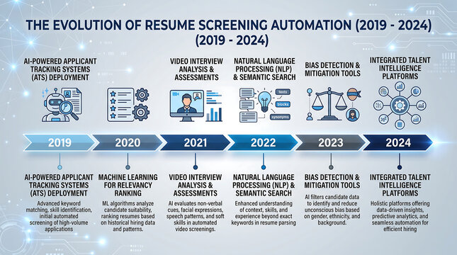 Infographic timeline showing the evolution of resume screening automation from 2019 to 2024, featuring icons for ai, machine learning, interviews, nlp, bias detection, and talent platforms