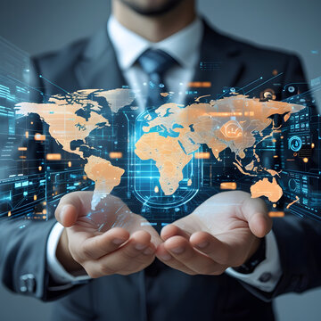 Business holding a digital banking interface with global financial network, secure online payment, fintech innovation, AI technology, mobile banking, cybersecurity and cashless transaction concept
