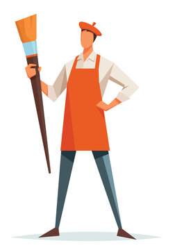 Professional Artist Character with Paint Brush Flat Design Vector Illustration