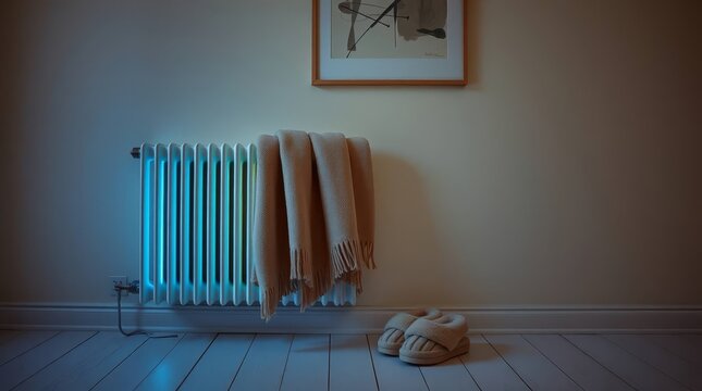 Minimalist Bedroom Interior with Glowing Modern Radiator Blanket and Slippers