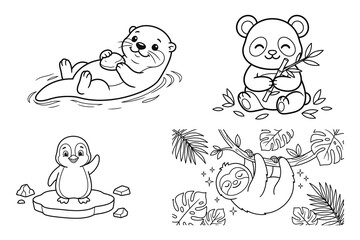 Obraz premium Cute water and jungle animals set vector coloring page