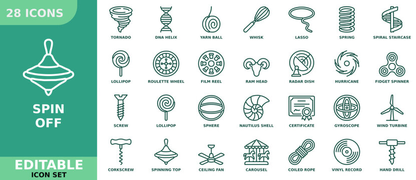 Set of 28 spin and rotation themed line icons including tornado, dna helix, yarn ball, whisk, lasso, spring, spiral staircase, lollipop, roulette wheel, film reel, and more