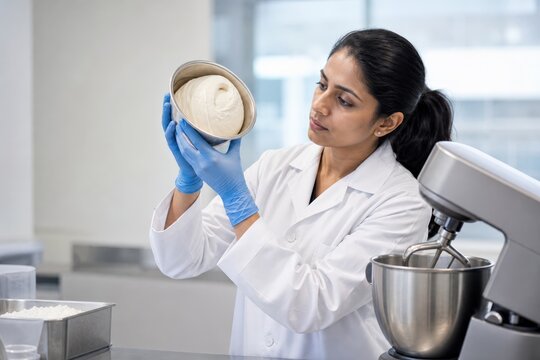Flour dough rheology testing - a technologist inspecting a standardized mixing sample