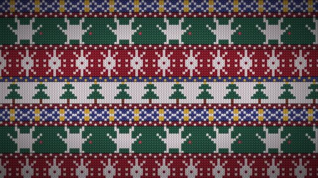 Seamless festive holiday knit pattern featuring classic winter motifs like charming reindeer and evergreen trees, evoking a cozy and cheerful seasonal celebration