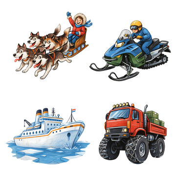 Cartoon illustrations of winter transport and adventure activities on transparent background