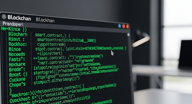 Computer monitor displaying green programming code for a blockchain software development project
