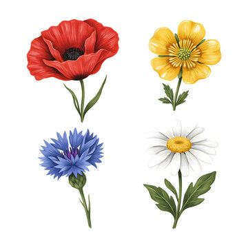 Four Beautiful Flowers Isolated On Transparent Background