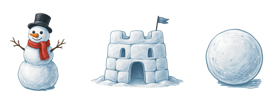 Cute cartoon snowman with snow castle and snowball illustration set transparent background