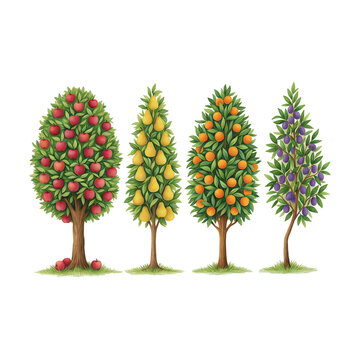 Four Different Fruit Trees With Colorful Fruits transparent background