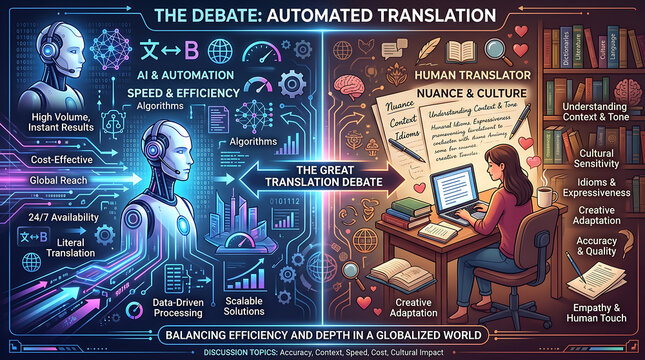 Infographic comparing automated ai translation and human translation, featuring a robot on the left and a person working at a desk on the right with icons and text labels