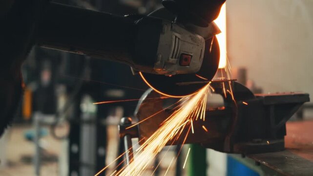 worker in uniform with protective glasses gloves cuts metal with angle grinder flex, sparks fly slow motion video. safety techniques at work using dangerous devices. close-up view of sparks flying out
