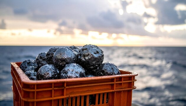Wet manganese nodules in a crate on a research vessel from deep sea mining exploration