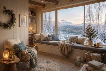 Obraz premium Cozy Scandinavian cabin interior overlooking snowy mountain landscape