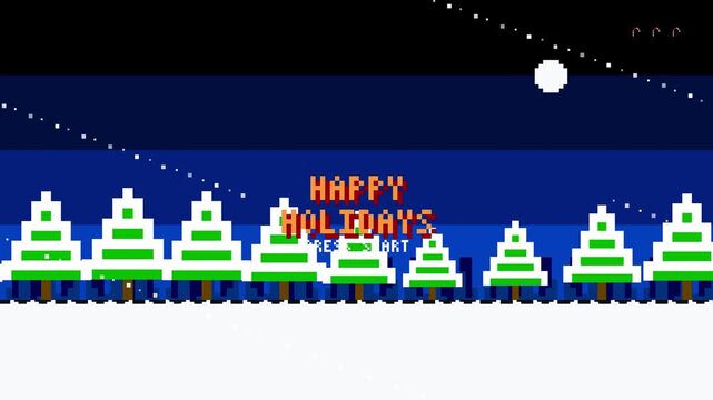 Pixel art winter landscape with snowy fir trees and Happy Holidays text in retro computer game style